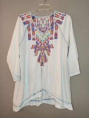 Soft Surroundings Women’s Mixteca Embroidered V-Neck Tunic Size Large